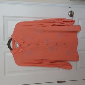 Light coral blouse with palms and wooden buttons.  Size Medium.